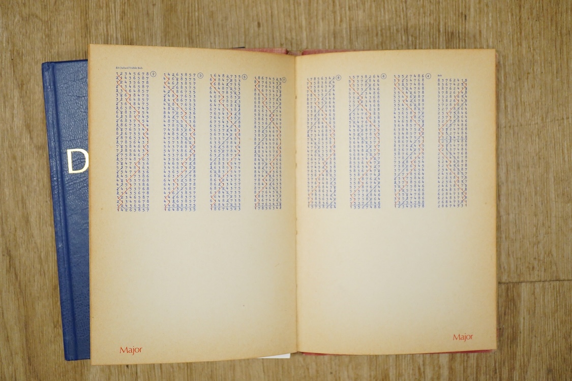 A set of twenty-two bronze handbells by Mears, London, with leather grips, together with two books from the Jasper Snowden Change Ringing Series, largest diameter 16cm